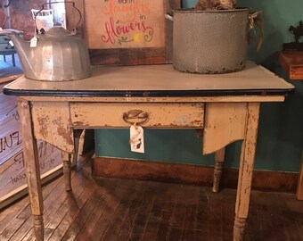 Primitive Handmade Wood Table With White Enameled Top Farmhouse Work Table