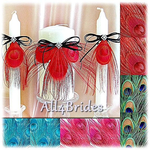 Peacock Weddings Unity Candle Set Red Turquoise Pink Or 5599