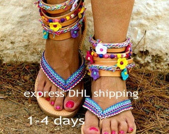 bohemian gladiator sandals/ boho sandals/ ethnic leather sandals/ strappy sandals/ hippie sandals/ flip flops/colorful sandals" MARGARITA"
