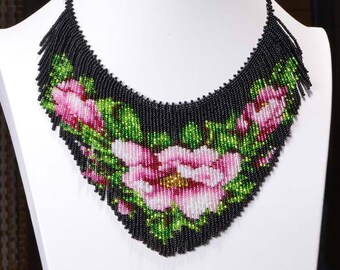 seed bead necklace Tea Rose bead work necklace bead weaving fringe necklace seed bead choker necklace, by Trendydeals