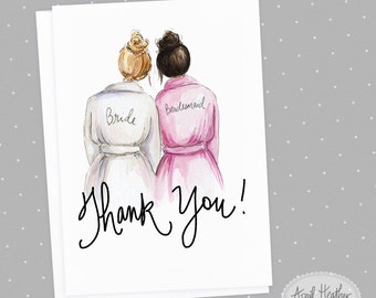Thank you! Bridesmaid PDF Dark Blonde Bride and Dark Brunette Bridesmaid, Thank you card PDF printable card