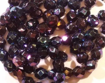 Vintage Czech Black AB Iridescent Faceted Round Beads