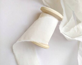 IVORY Ribbon, Hand dyed ribbon, White Cotton Silk Ribbon, White ribbon, Invitation Ribbon Bouquet Ribbon, Ribbon on spool, Wedding Ribbons