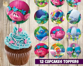 12 Trolls Cupcakes Toppers instant download, Printable Trolls party cupcakes Topper, Trolls toppers Party printable, 2 INCHES