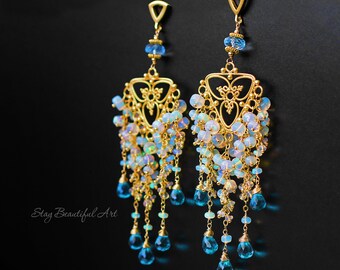 Ethiopian Opal Earrings Chandelier Earrings Gemstone Earrings Cluster Earrings Apatite Earrings October Birthstone Beautiful Chandeliers