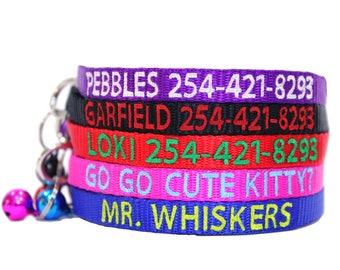 Custom Personalized Embroidered Nylon Breakaway Cat Collar W/Bell