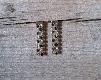 Prong Set Vintage Emerald Rhinestone Drop Earrings-Vintage Emerald Rhinestone Dangle Earrings-Clear Rhinestone Dangle Earring-Free Shipping