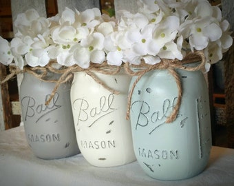 Painted and Distressed Mason Jars. Mason Jar Home Decor. Wedding Centerpieces. Nursery Decor. Rustic Home Decor. Primitive Farmhouse Decor.