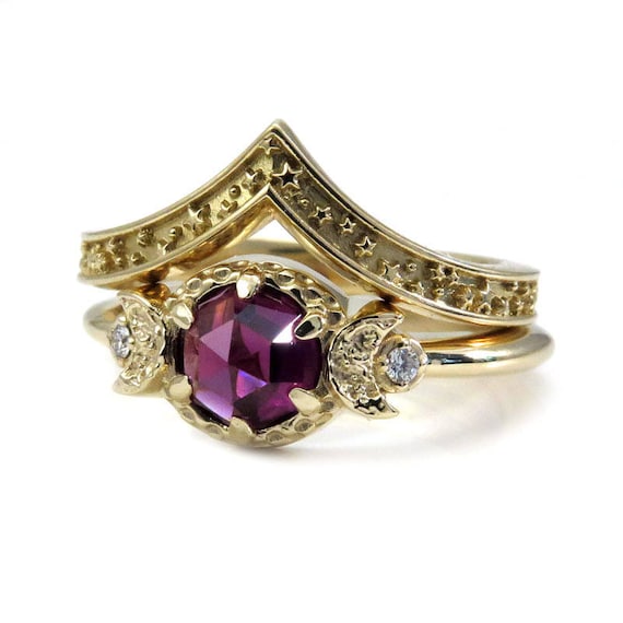 Rhodolite Garnet Moon and Star Engagement Ring Set - 14k Gold with Diamonds