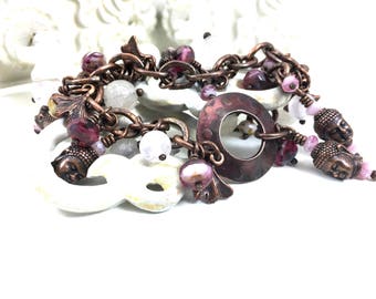 Buddha Bracelet. Boho Pink Czech Glass Rose Quartz Asian Charm Bracelet. Wire Wrapped Copper. Opulent. Seventh Wedding Anniversary Gift Idea