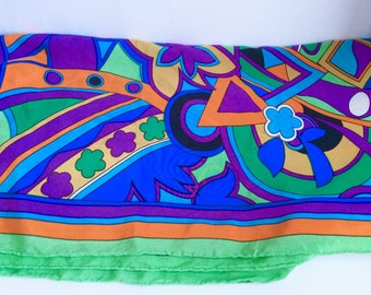 Vintage Silk Scarf, Bright Colors, Yorn brand, Rolled Edges, Mod Style Psychedellic Design