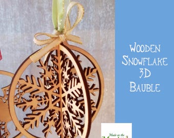 Christmas tree bauble, wooden 3D snowflake hanging decoration