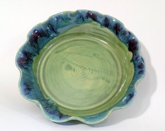 Fluted Pie Pan - Brie Baker - Small Pie Pan - Chicken Pot Pie Pan for One - Wheel Thrown Pottery - Green, Purple and Blue