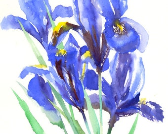 Blue Irises, Original watercolor painting, 15 x 12 in, bright blue watercolor art, irises painting, blue irises, ultramarine blue