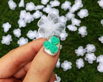 White Chiffon Beaded Flowers (1 inch- 25 pieces), Fabric Flowers with Pearl Beading,Organza Bows, Sewing Flowers, Lingerie Making
