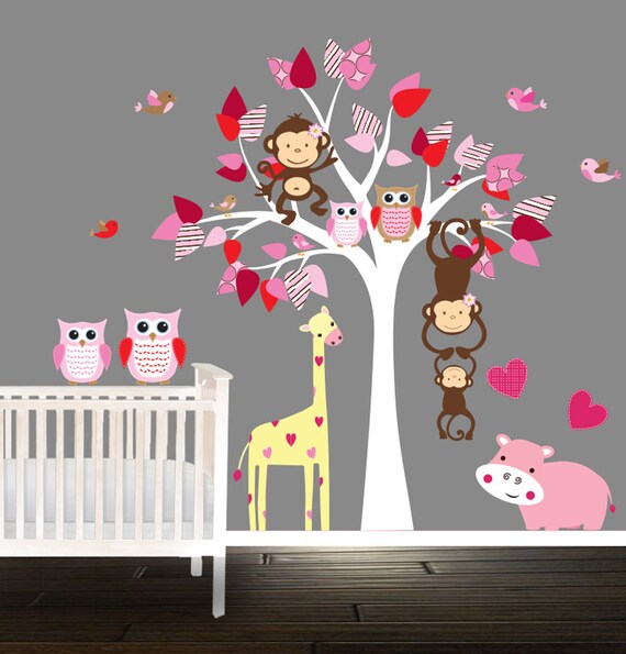 Pink Nursery tree set owl wall decals nursery decal baby