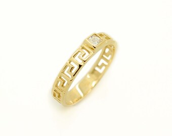Greek Key Gold Ring, Greek Gold Jewelry, 14K Solid Gold, High Quality Gold Ring, Princess Cut Yellow Ring, Cubic Zirconia Engagement, Greece