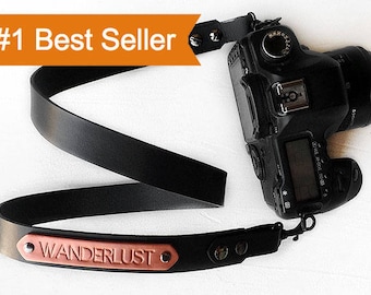 Leather Camera Strap Personalized Gift, Black Camera Strap with Custom Personalized Name, Photographer Gift for DSLR and SLR