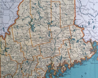 1937 MAINE Original Vintage Map, 11 x 14 inches, State Map, Rand McNally, Home Decor, Cartography, Geography