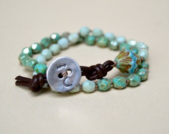 Boho Hand Knotted Bracelet . Leather . Sterling Button. Glass. Wedding Gift 2X Wrap. Boho .