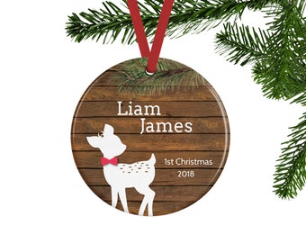 Baby's First Christmas Ornament, Personalized Baby Boy Gift, Baby Shower Gift, Keepsake Ornament, New Parent Gift, Fawn Ornament, Rustic
