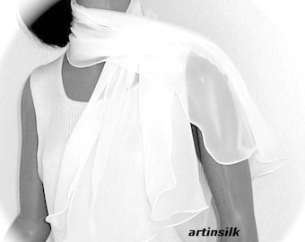 White Bridal Shoulder Coverup Scarf Wedding Shawl, Soft White Wrap, Natural Off White Light Ivory, Silk Chiffon, Petite S XS M, Artinsilk.