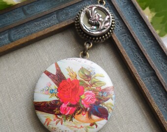 50% Off Antique Button Locket Necklace, Sparrow with Bouquet