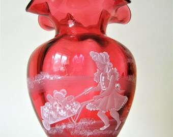Fenton Cranberry Glass Vase, Along for the Ride, Mary Gregory*Limited Edition Vase*Girl Pushing Doll Carriage*7"*Martha Reynolds*Mothers Day