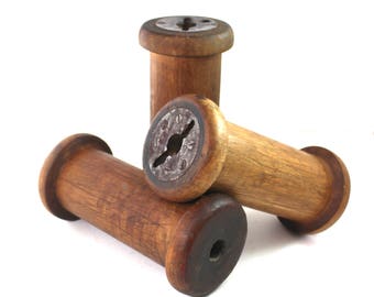 3x Vintage Industrial Wooden Spools 8 inches tall x 3 1/2
