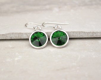 Green Crystal Rivoli Earrings, Green Swarovski earrings, Green and Silver Earrings, modern style, bridesmaid earrings, holiday earrings