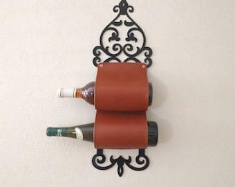 Leather and Metal Wine Rack or Wine Bottle Holder