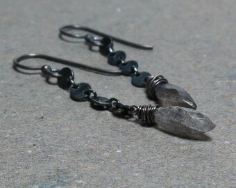 Labradorite Dangle Earrings Long Blue Flash Disc Chain Earrings Oxidized Sterling Silver Gift for Her Marquis Gemstones