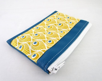 Wallet in faux leather fabric and Teal Yellow Peacock feather