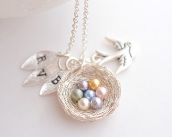 Bird Nest Necklace, Mothers Day Gift for Grandma, Mothers Birthstone Initial Necklace, Mama Bird Necklace, Miscarriage Keepsake Necklace