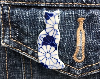 Cat jewellery, cat pin, porcelain flower cat brooch, cat gift, cat brooch, gift for cat lover, ceramic cat pin, gift for crazy cat lady