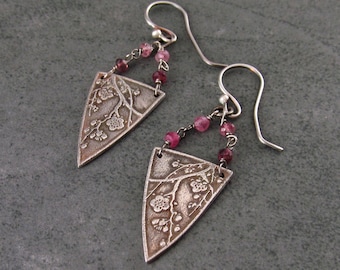 Cherry blossom earrings, handmade eco friendly fine silver and pink tourmaline earrings-OOAK Sakura