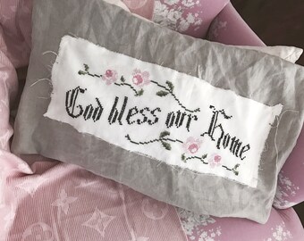 Rare antique God bless our home embroidery grain linen pillow cover shabby French Nordic chic rachel ashwell pink roses