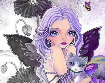Poppy Night Adventure -Grayscale Digital Stamp - PRINTABLE Instant Download / Cat Fairy Fantasy Line Art by Ching-Chou Kuik
