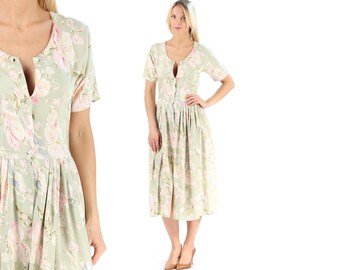 90s Floral Midi Dress Vintage Button Up Soft Cotton Dress Boho Summer Dress Pleated Retro 90s Dress Flower Print Cute Sundress . Small
