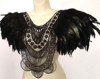 Black feather epaulettes Lace bib collar Feather wing shoulder pieces Burning Man festival clothing Cosplay Burlesque Mardi Gras carnival