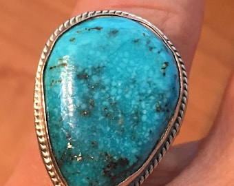 Navajo TURQUOISE STERLING SILVER Signed Chimney Butte Large Blue Ring 10.3 Grams Size 7