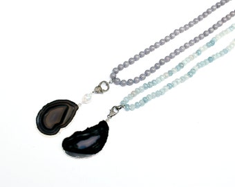 Pave Diamond Clasp Necklace, Agate Necklace, Black Agate Pendant, Hand Knotted Bead Necklace, Aquamarine Necklace, Boho Necklace