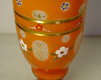 vintage orange Bohemian Czech orange cut glass goblet