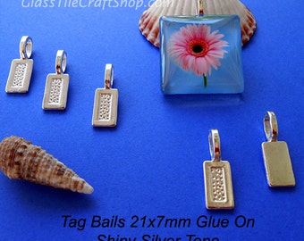 100 Pack Tag Glue on Bails - 21x7mm Shiny Silver Color Glue on Bails for Pendants. (21X7TAGS)