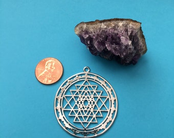 Silver Tone Plated Hollow Sri Yantra Pendant-Charms, Copper Meditation Mystical Charm