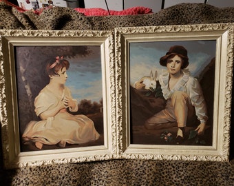 Vintage Paint By Number Wonderfully Done Pair of Framed Oil Paintings "A Boy With Rabbit" & "Age of Innocence" by Craft Master!