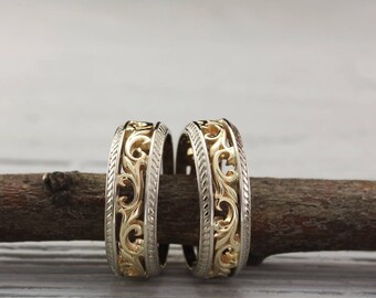 Mixed metals his and her vintage style wedding bands set, Couple unique rings, His and Her engagement ring, Matching bands, Ring his and her