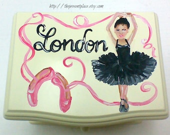 personalized musical jewelry box,pink,black,African American,girls jewelry box,musical ballerina jewelry box,kids jewelry box,roses