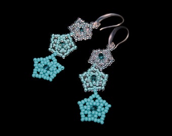 Teal earrings Beaded earrings Dangle earrings flower earrings Long beadwoven earrings Seed bead jewelry Romantic earrings Gift for her