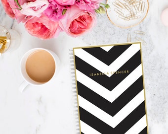Notebook Personalized Monogram Custom Stationery V Stripe Journal Black White Goals Planner